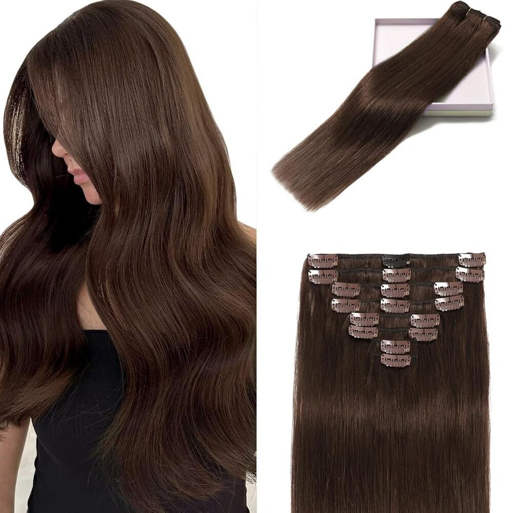 Clip in Hair Extensions Human Hair Remy 22 Inch Long Straight Brown